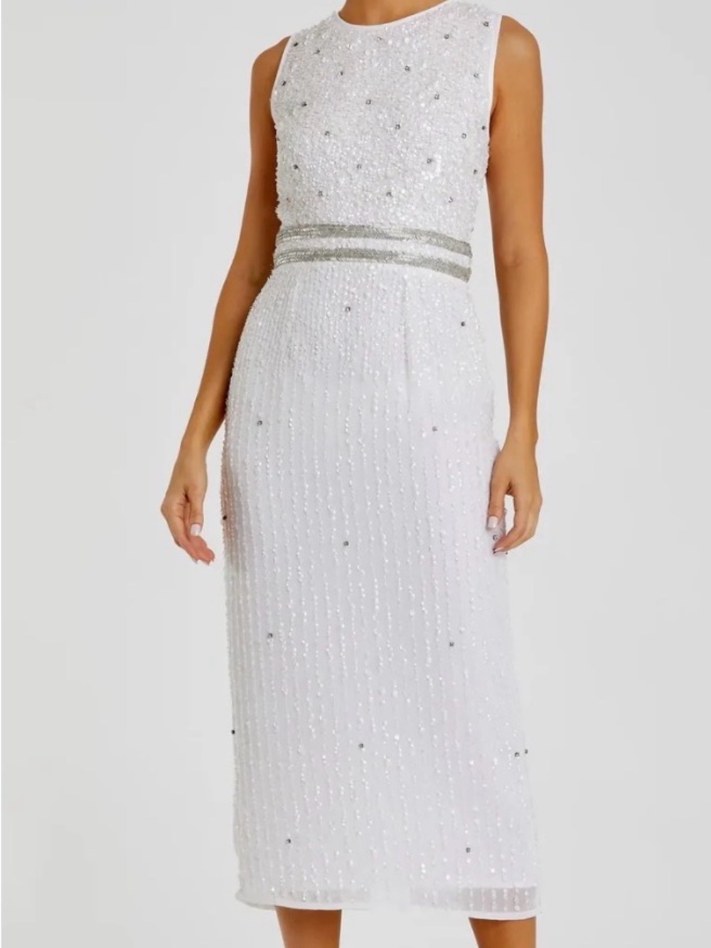 Mac Duggal White Beaded Midi Dress with Silver Waistband